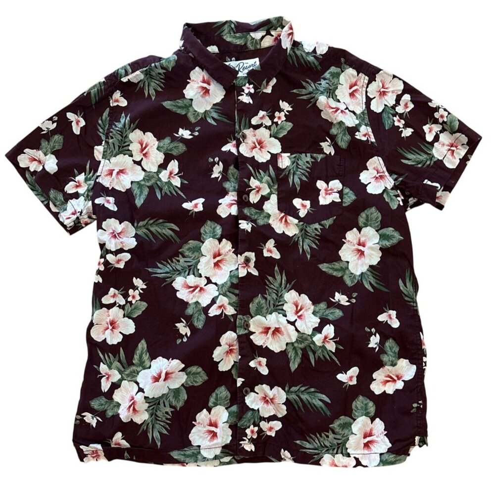 Aeropostale Resort Shirt Hawiian Mens L Hibiscus Cotton Short Sleeve Button Plum